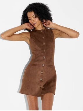 NWT Women's Faux Suede Button-front Mini A-line Dress